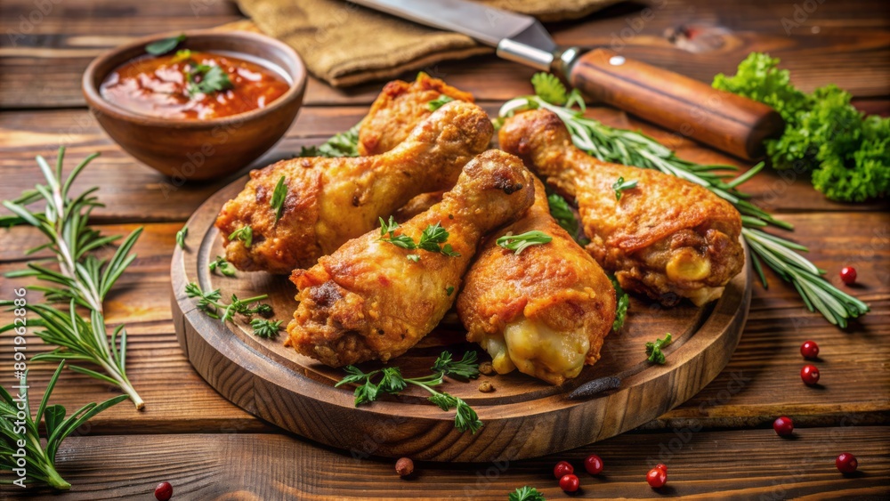 Juicy golden brown crispy fried chicken drumsticks and thighs served on a rustic wooden table with a side of herbs. Juicy golden brown crispy fried chicken drumsticks and thighs served on a rustic wooden table with a side of herbs.