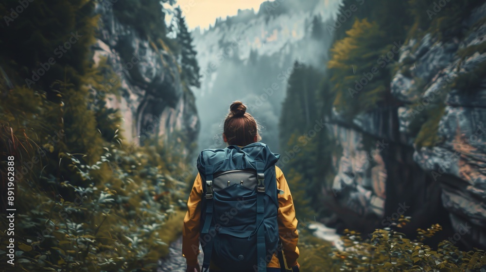 A solo hiker with a blue backpack traversing a breathtaking, misty gorge with dramatic cliffs on either side, symbolizing adventure, solitude, and the raw power of nature. A solo hiker with a blue backpack traversing a breathtaking, misty gorge with dramatic cliffs on either side, symbolizing adventure, solitude, and the raw power of nature.