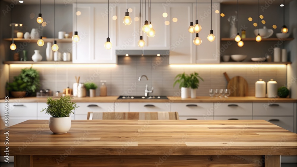 Serene modern kitchen ambiance featuring empty wooden table top amidst blurred bokeh lights and clean, bright, and minimalist surroundings. Serene modern kitchen ambiance featuring empty wooden table top amidst blurred bokeh lights and clean, bright, and minimalist surroundings.