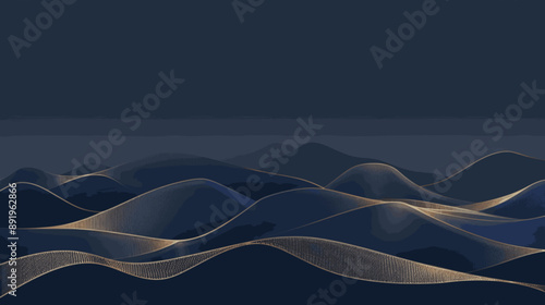 A minimalistic banner with mountains and an art deco style. Smooth gold lines on a dark blue prestigious background. minimalistic vector. Illustrations