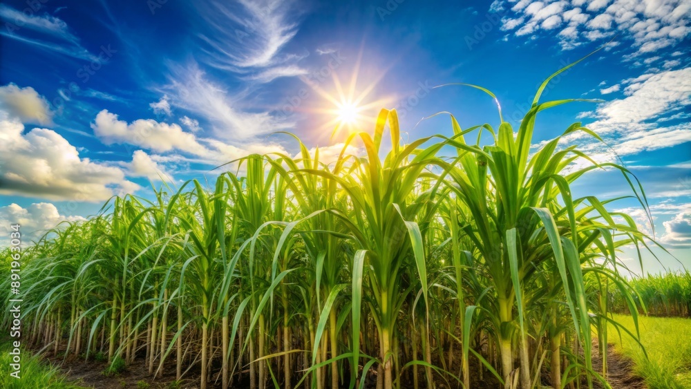 Obraz premium Vibrant green sugar cane stalks stretch towards the sky, swaying gently in the breeze, against a warm sunny day backdrop.
