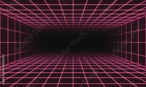 Laser Neon Grids in Deep Space. Retro Futuristic Design in 80s Style. Synthwave, Retrowave, Theme