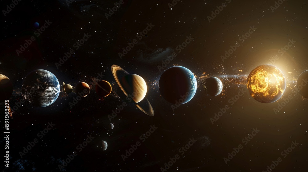 Naklejka premium Solar system with all planets aligned in a row