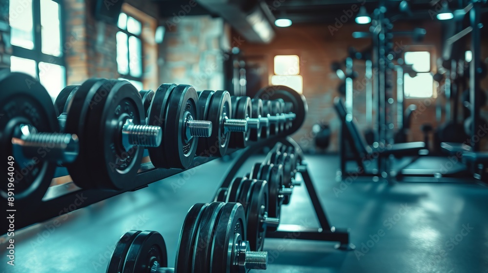 Fototapeta premium A modern gym interior featuring a long row of dumbbells neatly arranged on a rack, alongside various exercise equipment. The ambience shows athletic focus.