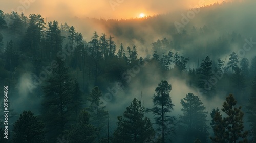 Smoky atmosphere in a forest during sunrise © Lakkhana