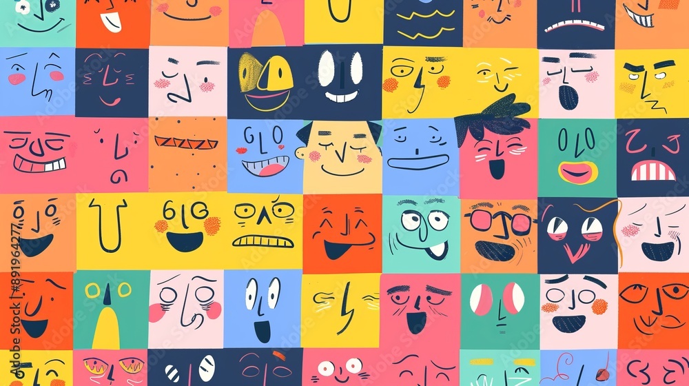 The image shows a playful collection of whimsical cartoon faces arranged on a colorful grid background, each face displaying unique and exaggerated expressions, creating a lively and humorous visual. The image shows a playful collection of whimsical cartoon faces arranged on a colorful grid background, each face displaying unique and exaggerated expressions, creating a lively and humorous visual.