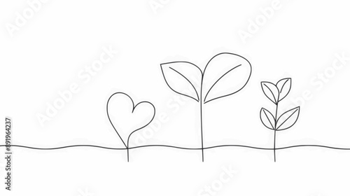 One continuous line growing sprout with heart. Hand drawn doodle line art plant. minimalistic vector. Illustrations