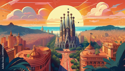 barcelona cathedral and city view postcard