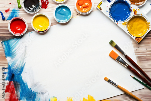 Wallpaper Mural Paints and paintbrushes flat lays on blank canvas Torontodigital.ca