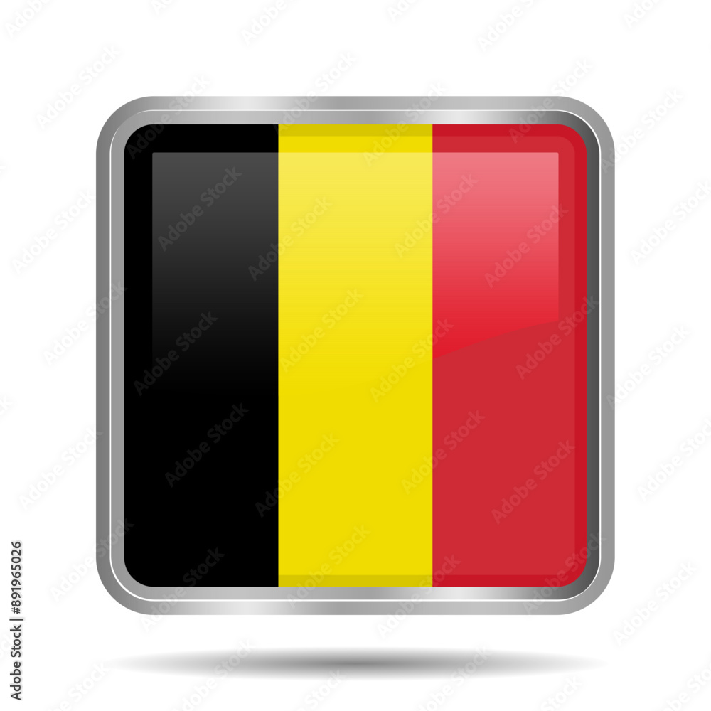 Fototapeta premium Glossy Belgian flag icon with shiny rectangular or square button shape in silver frame isolated on white background. EPS 10 Vector Illustration
