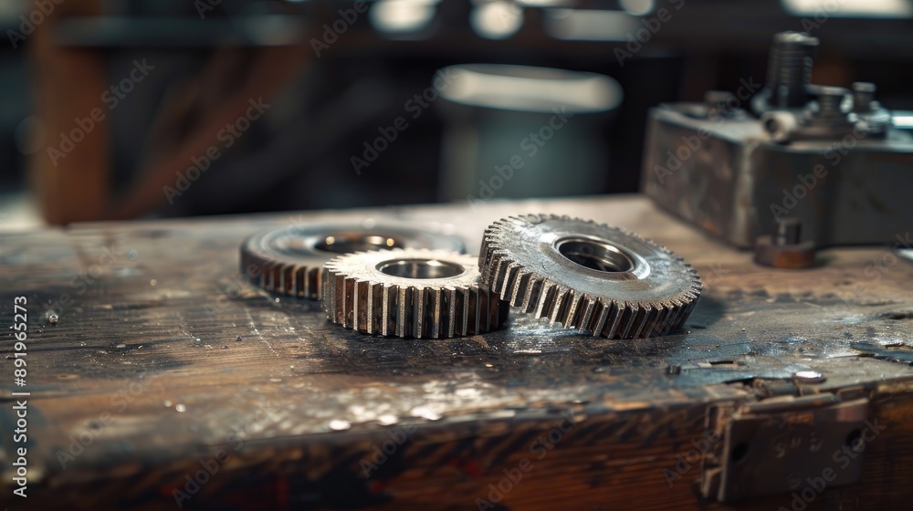 Two silver metal gears displayed on a weathered wooden table in a workshop Text space available Two silver metal gears displayed on a weathered wooden table in a workshop Text space available