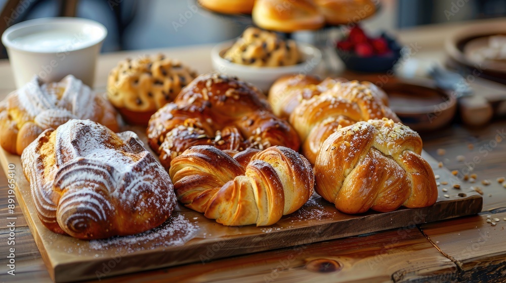 Morning bread on wooden board Sweet treats Morning bread on wooden board Sweet treats