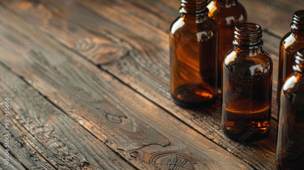 Close up image of dark amber glass bottles on wooden surface with space for text Idea for beauty blog salon products simple packaging display Close up image of dark amber glass bottles on wooden surface with space for text Idea for beauty blog salon products simple packaging display
