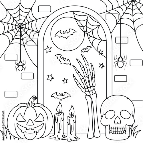 Spooky Door with Cobwebs, Skeleton Hand , Skull Colouring, Halloween Outline Coloring Page