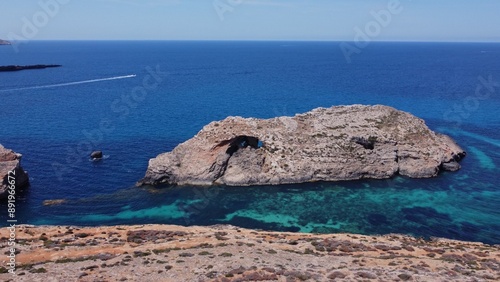 Natural windows in the rocks, Comino Island Malta, drone shot. High quality photo photo