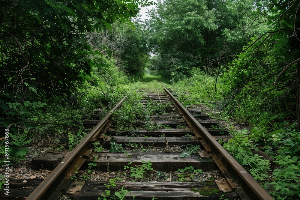 An old, abandoned railway track overgrown with vegetation An old, abandoned railway track overgrown with vegetation