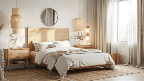 A cozy coastal zen Scandinavian bedroom featuring a double bed with a headboard, bedside tables