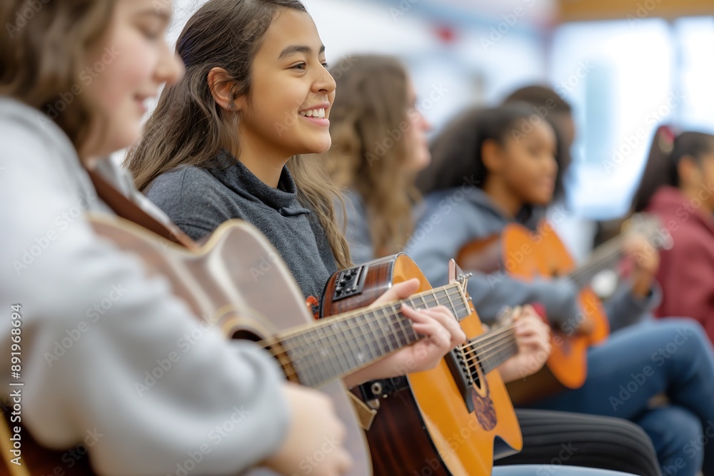 Smiling Students Playing Guitars in Music Class During School Activity Smiling Students Playing Guitars in Music Class During School Activity