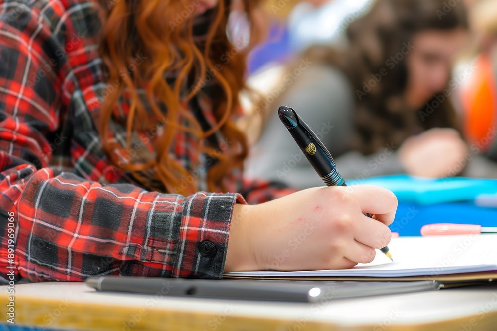 Close-Up of Student Writing in Classroom, Red Plaid Shirt and Long Red Hair Close-Up of Student Writing in Classroom, Red Plaid Shirt and Long Red Hair