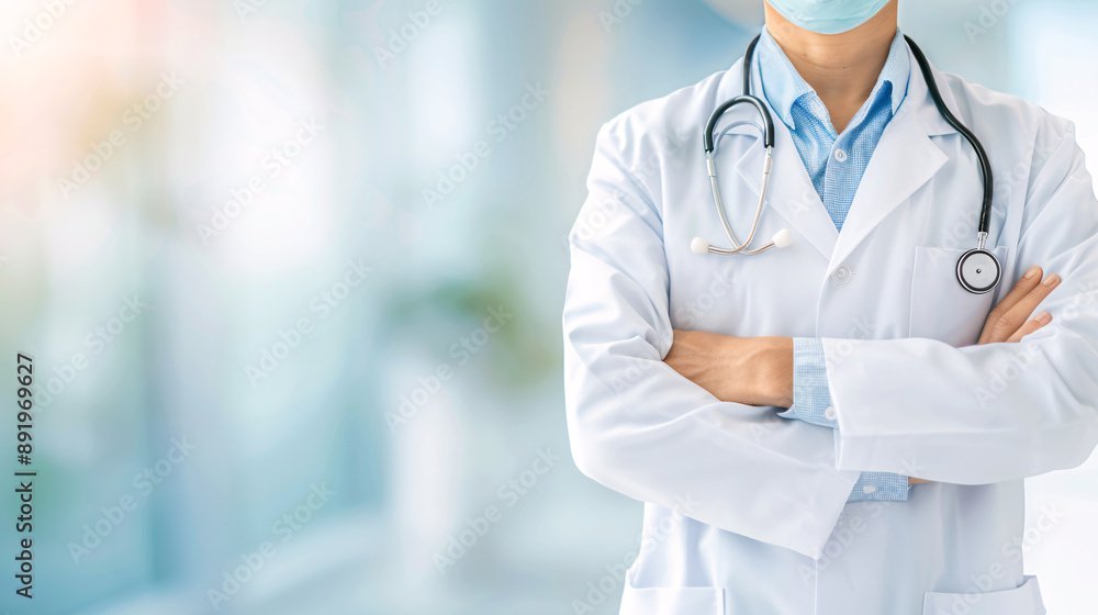 A doctor stands in a room with a white coat and a stethoscope around his neck. He is wearing a mask and has his arms crossed A doctor stands in a room with a white coat and a stethoscope around his neck. He is wearing a mask and has his arms crossed