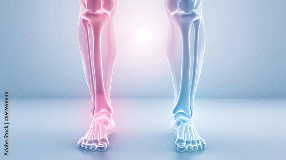 A pair of legs with pink and blue bones. The pink and blue colors give the impression of a person with a leg injury. The bones are clearly visible, and the image conveys a sense of pain and discomfort A pair of legs with pink and blue bones. The pink and blue colors give the impression of a person with a leg injury. The bones are clearly visible, and the image conveys a sense of pain and discomfort