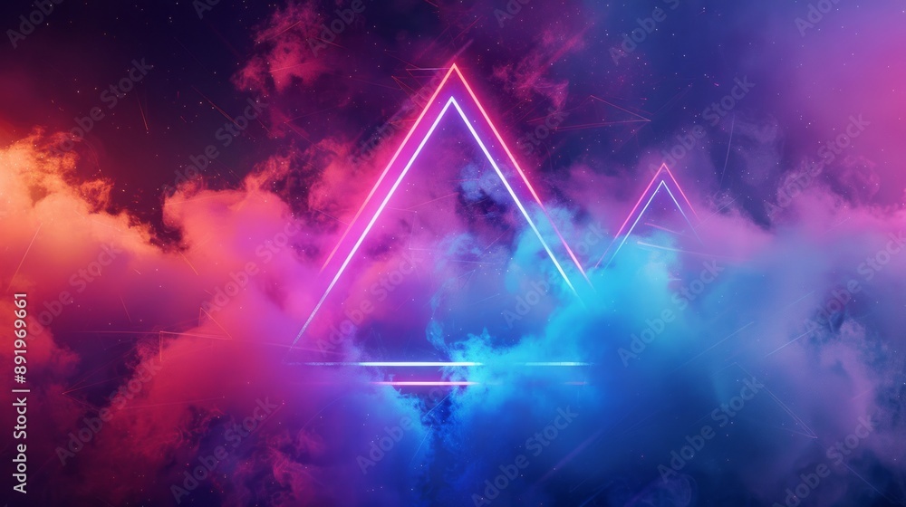 Abstract neon background with glowing triangular shape and spinning cloud. Blank geometric frame Abstract neon background with glowing triangular shape and spinning cloud. Blank geometric frame