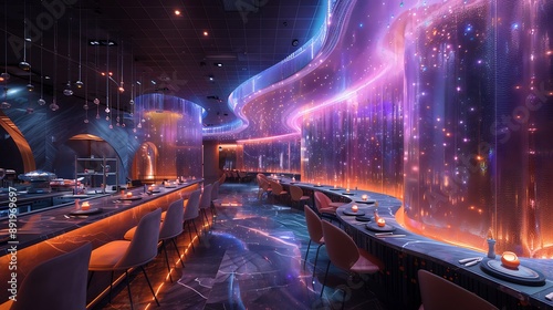 A futuristic fine dining restaurant with holographic plating designs and glowing gourmet dishes, offering luxury dining  photo