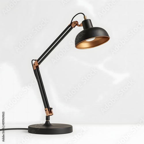 43. **A modern metal desk lamp with a sleek, adjustable arm and a minimalistic design, placed on a clean white background.**
