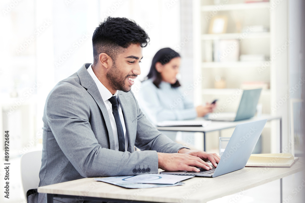 Office, businessman and smile with laptop for typing, research and online information for project. Workplace, male employee and computer for corporate review, email writing or productivity for career Office, businessman and smile with laptop for typing, research and online information for project. Workplace, male employee and computer for corporate review, email writing or productivity for career
