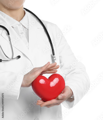 Doctor with red heart on white background, closeup