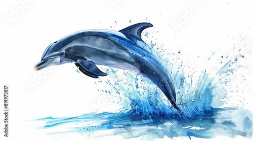 Wallpaper Mural A dolphin jumping out of the water, nature scene, dynamic illustration, blue tones, isolated on white background Torontodigital.ca