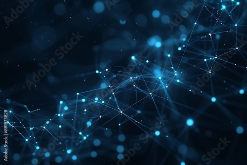 Abstract tech background, dark blue with glowing connection lines and dots, digital network, 3D rendering, © Eun Woo Ai
