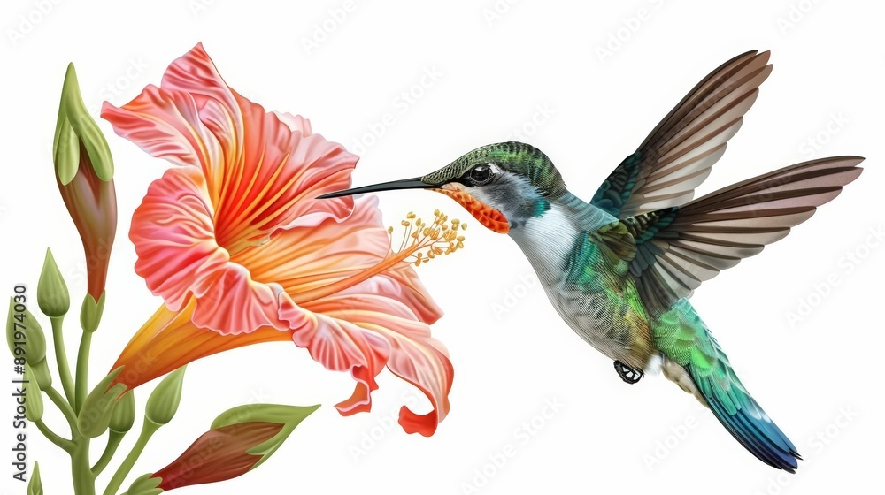 Obraz premium A hummingbird near a flower, nature element, dynamic illustration, bright colors, isolated on white background