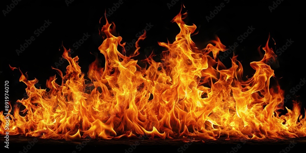 Fototapeta premium Fiery flames isolated on black background , fire, flames, blaze, heat, hot, inferno, burning, danger, bright, dark, destructive