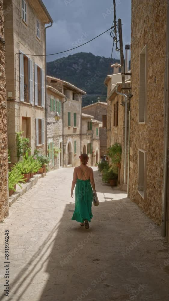 Woman in green dress walking down a narrow stone street in valldemossa, mallorca, spain, surrounded by charming old buildings with potted plants and mountains in the background Woman in green dress walking down a narrow stone street in valldemossa, mallorca, spain, surrounded by charming old buildings with potted plants and mountains in the background