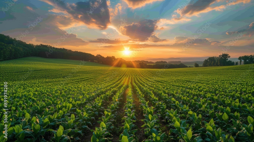 Sunrise over a large farm with rows of crops stretching to the horizon Generative AI Sunrise over a large farm with rows of crops stretching to the horizon Generative AI