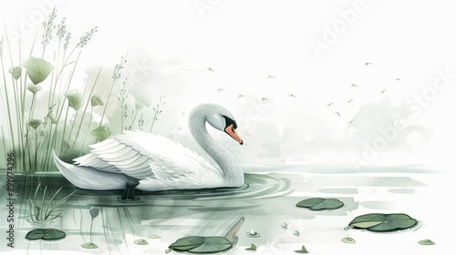Fototapeta Naklejka Na Ścianę i Meble -  A swan on a serene lake, nature element, hand-drawn illustration, soft colors, isolated on white background