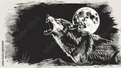 A wolf howling at the moon, nature element, detailed illustration, monochromatic, isolated on white background