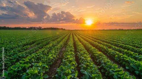 Sunrise over a large farm with rows of crops stretching to the horizon Generative AI