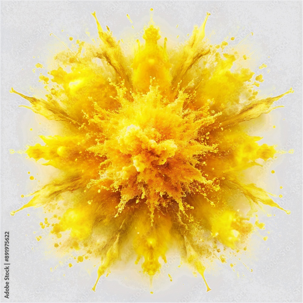 The image displays a large, bright yellow explosion with a dynamic and chaotic pattern of splashes and particles radiating outward from the center. The background is white, which contrasts sharply wit The image displays a large, bright yellow explosion with a dynamic and chaotic pattern of splashes and particles radiating outward from the center. The background is white, which contrasts sharply wit