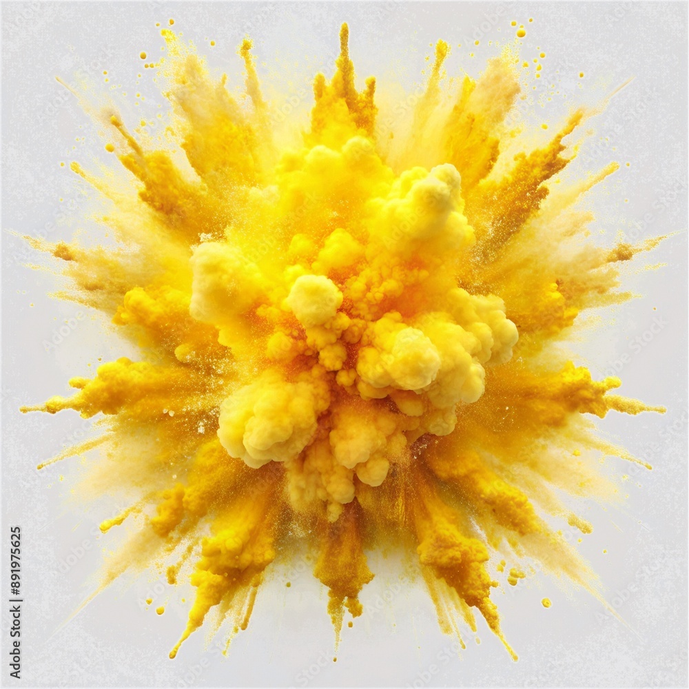 The image displays a large, bright yellow explosion with a dynamic and chaotic pattern of splashes and particles radiating outward from the center. The background is white, which contrasts sharply wit The image displays a large, bright yellow explosion with a dynamic and chaotic pattern of splashes and particles radiating outward from the center. The background is white, which contrasts sharply wit