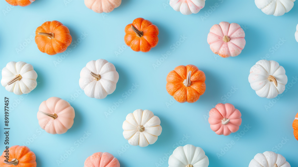 Small orange white and pink pumpkins on pastel blue background