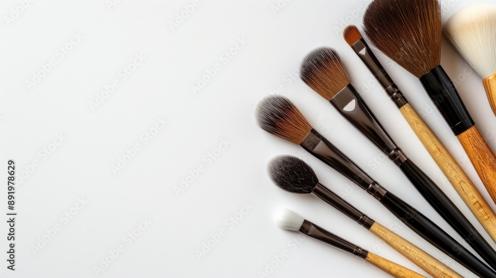 Cosmetic brushes on white background with room for text Cosmetic brushes on white background with room for text