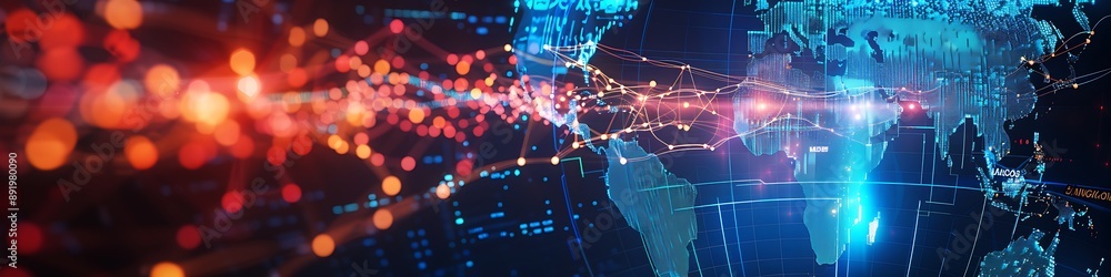 Realistic, clear depiction of an abstract global network with a luminous world map and data transfer pathways. Realistic, clear depiction of an abstract global network with a luminous world map and data transfer pathways.