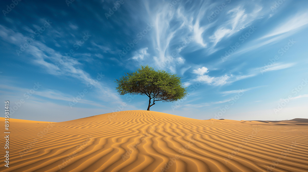 a vast desert landscape, rippling sand dunes, lone tree a vast desert landscape, rippling sand dunes, lone tree
