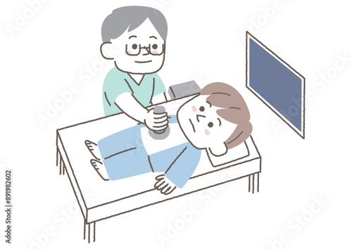 健康診断でエコー検査を受けている男性