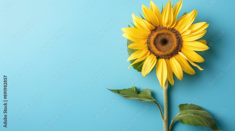 Obraz premium Close up top view of sunflower on blue background with copy space