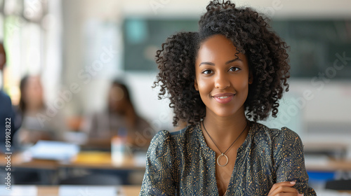 Proud Smiling African American Female Teacher Standing In Her Classroom. Generative AI.