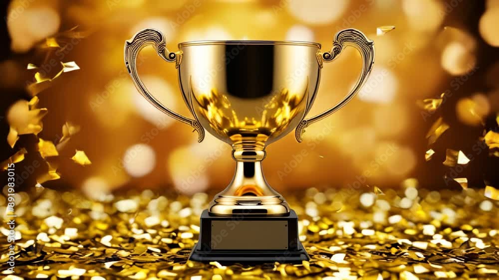 winner trophy with golden confetti and bokeh in the background. Victory concept. Blank copy space on the cup