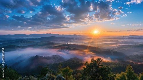 Scenic sunrise with blue sky fluffy white clouds nature backdrop © TheWaterMeloonProjec